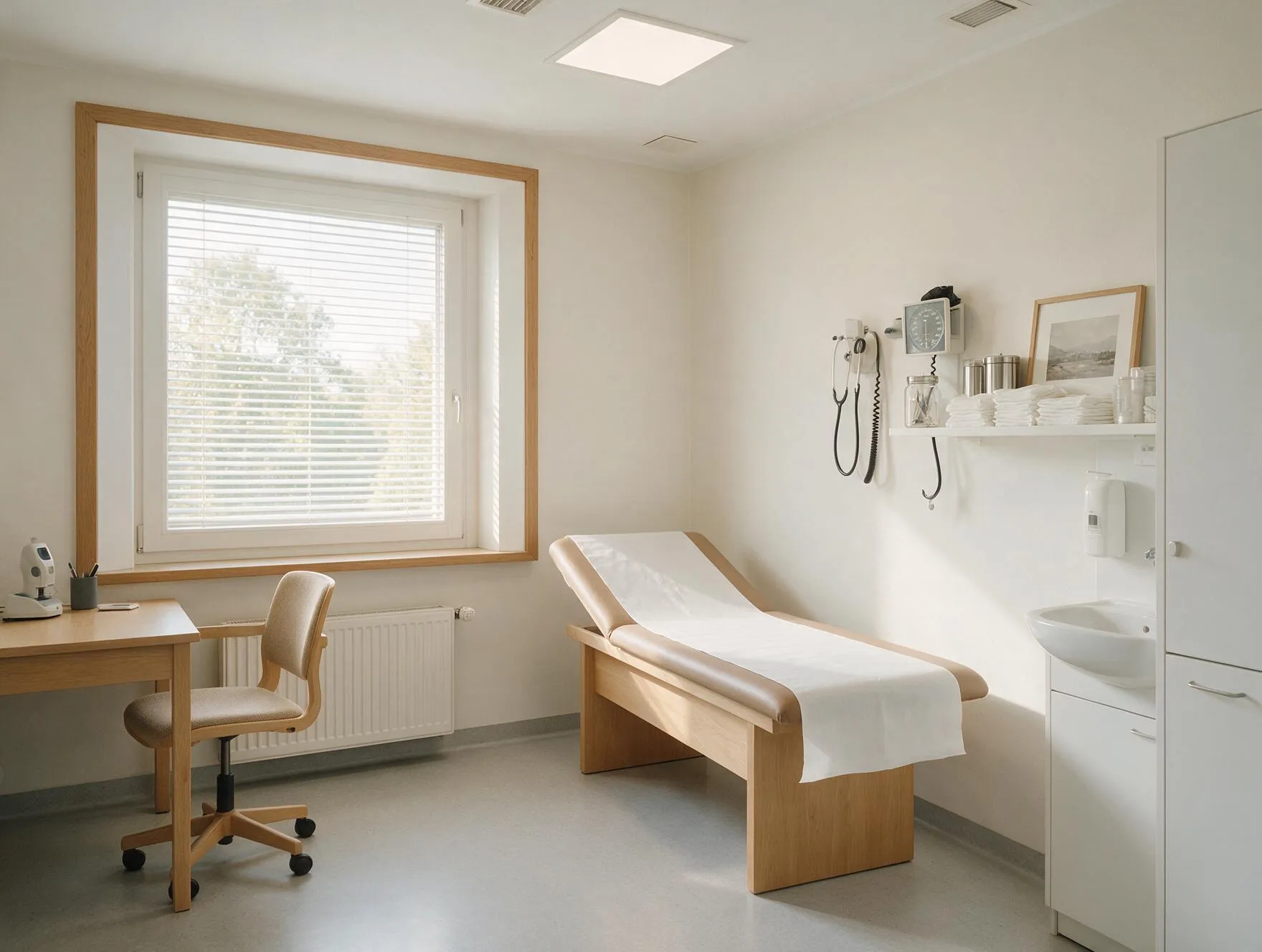 Behandlungszimmer mit Liege, Schreibtisch und Fenster zum Park