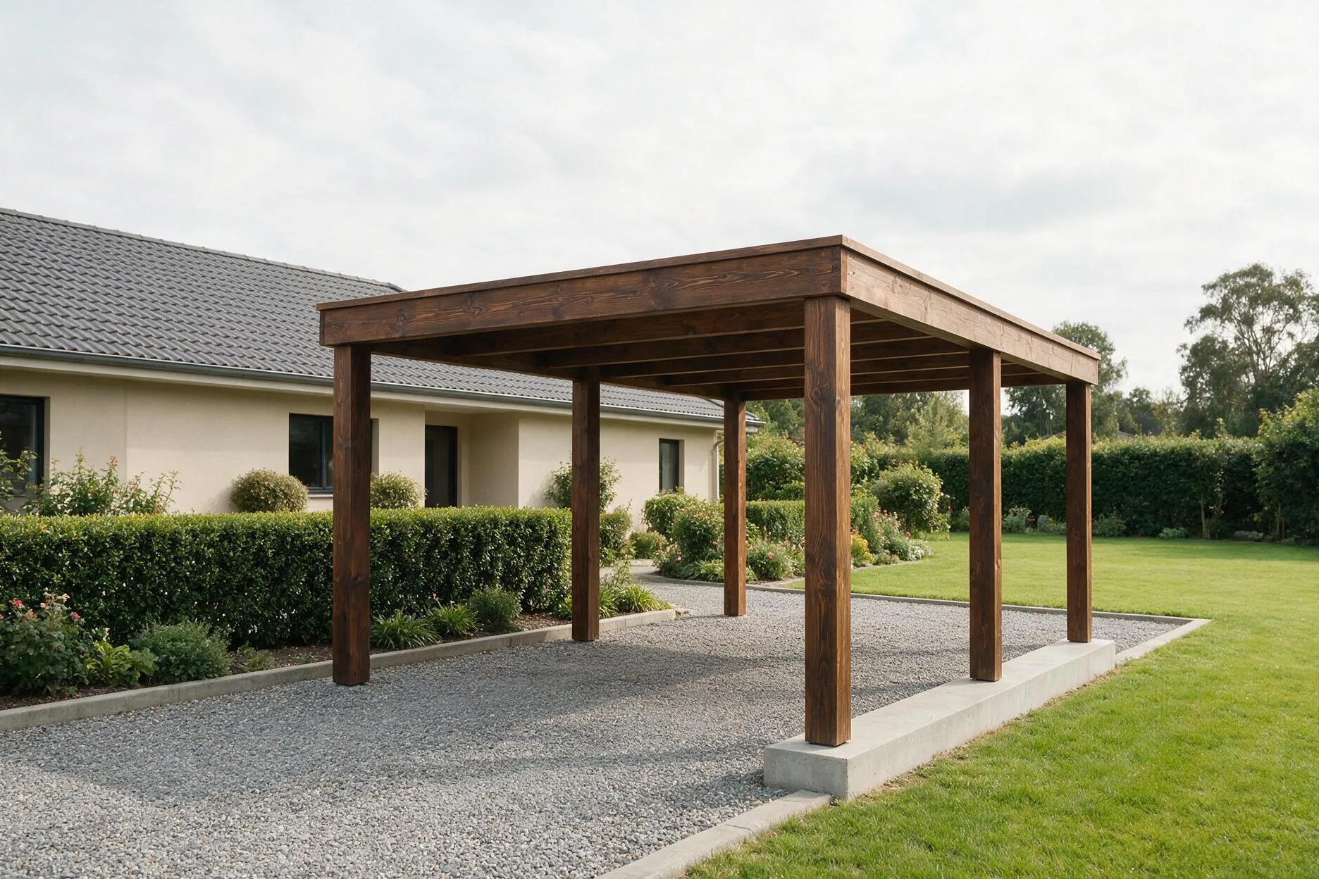 Freistehender Carport aus dunkel lasierter Lärche neben einem Wohnhaus