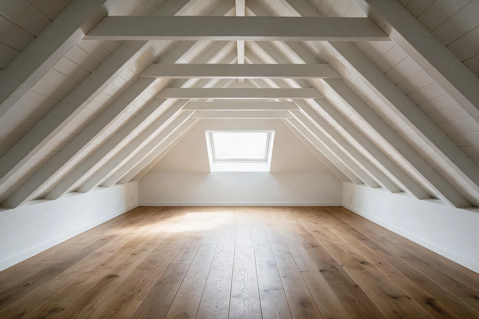 Derselbe Dachboden ausgebaut: weiß verkleidete Sparren, Eichendielen, großes Dachfenster