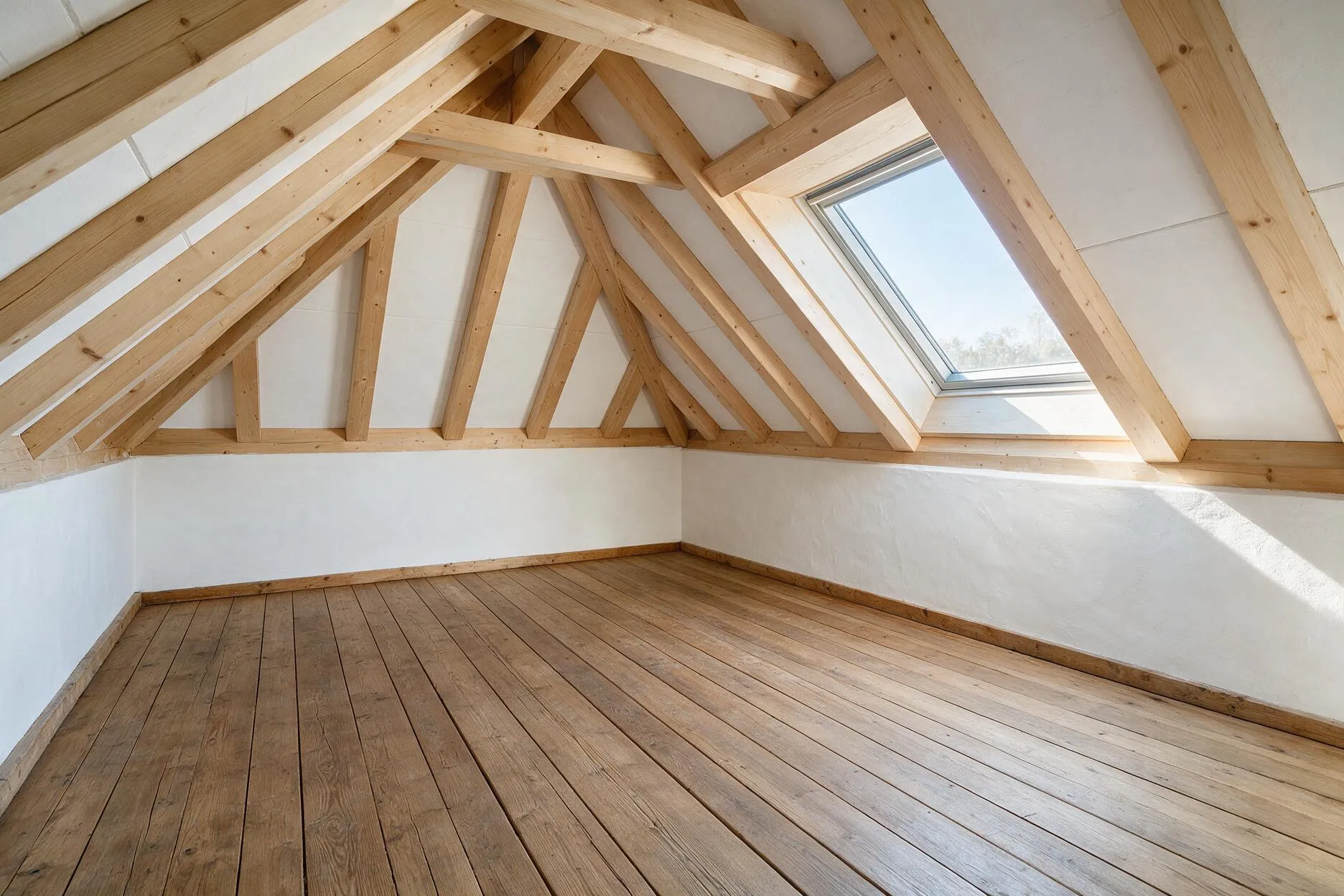 Ausgebauter Dachraum mit sichtbaren Sparren und Eichendielen