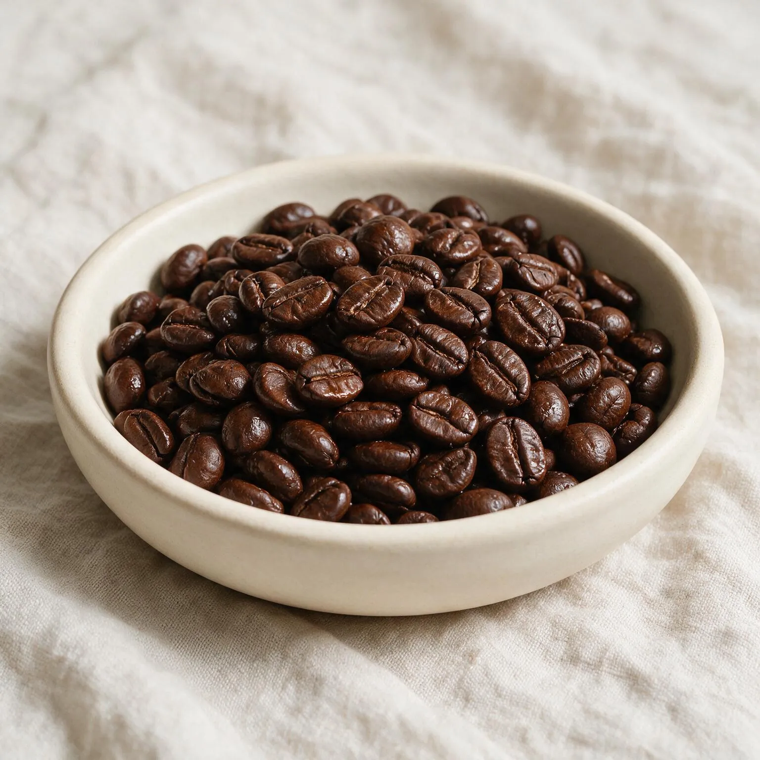 Dunkel geröstete Kaffeebohnen in einer Keramikschale