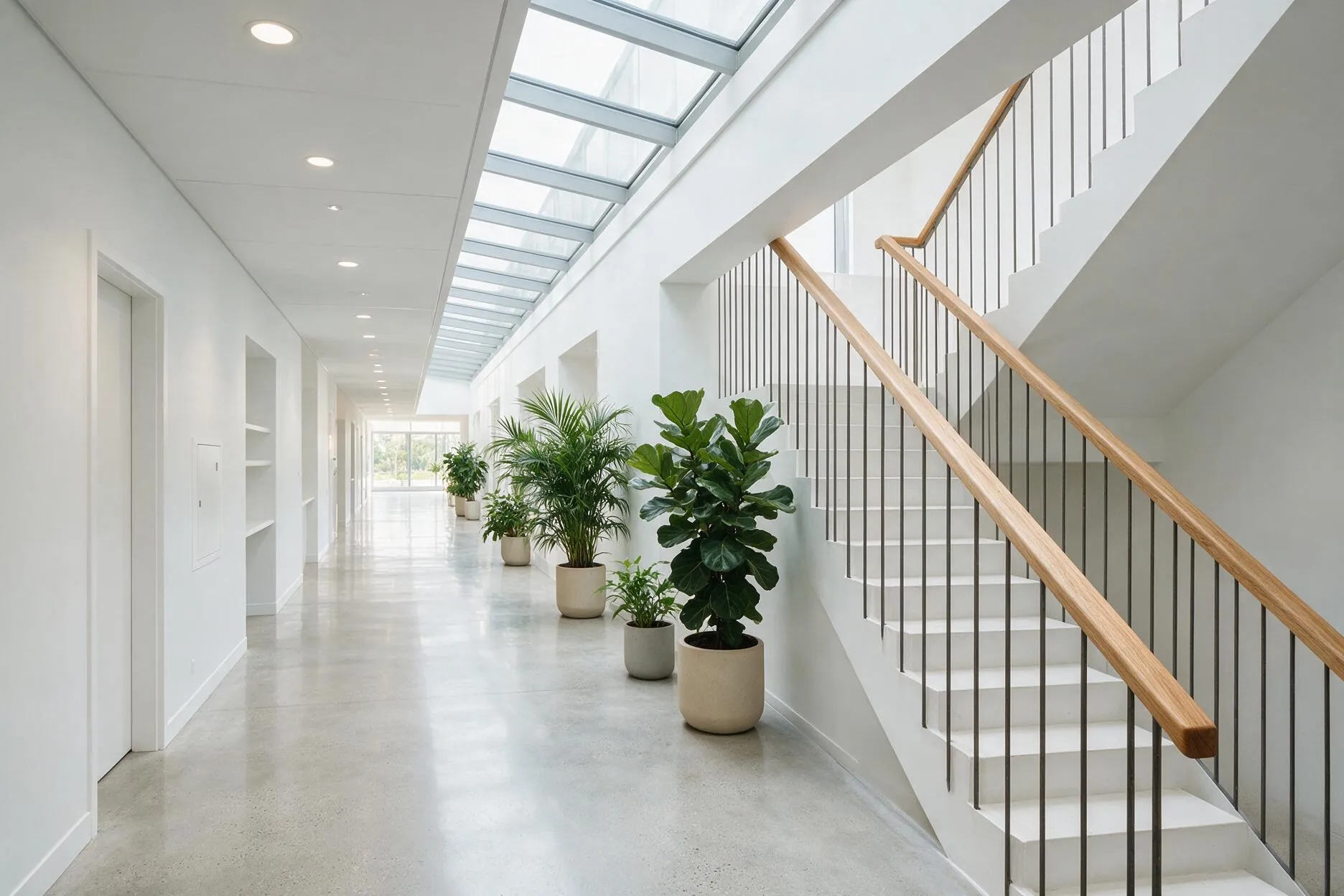 Heller Flur mit offener Treppe, Oberlicht und Pflanzen an der Wand