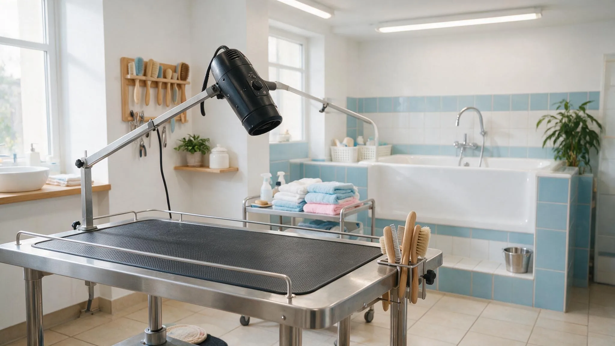 Freundlicher Hundesalon mit Edelstahltisch, Föhnarm und Bürsten in der Wandhalterung
