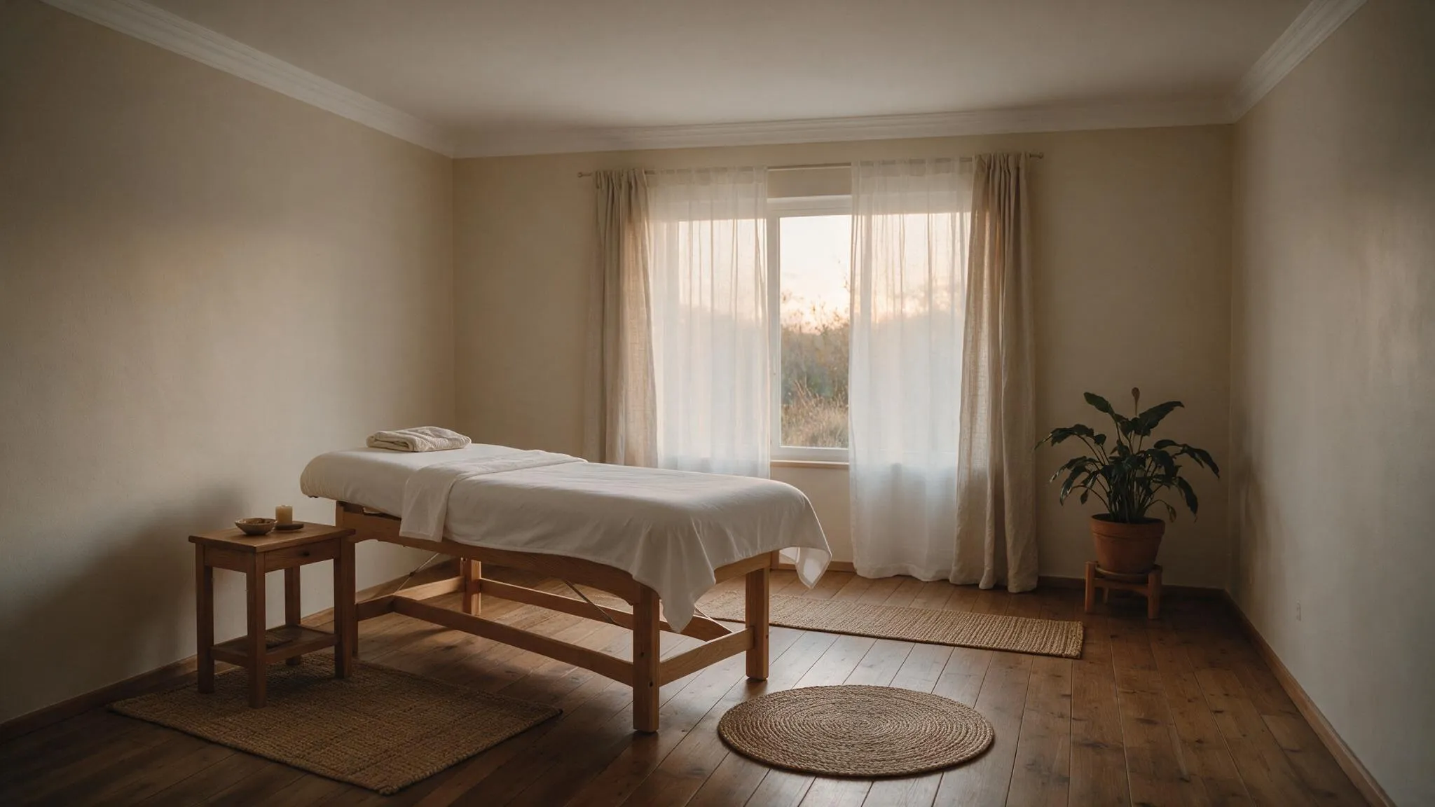 Ruhiger Massageraum mit frisch bezogener Liege, gefaltetem Handtuch und Pflanze am Fenster