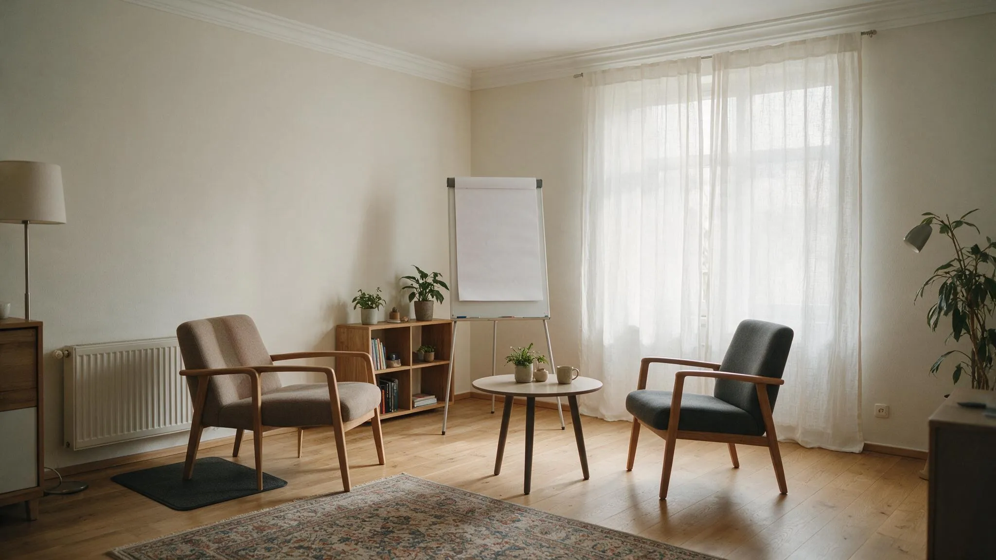 Ruhiger Beratungsraum mit zwei Sesseln, kleinem Tisch, Flipchart und großem Fenster