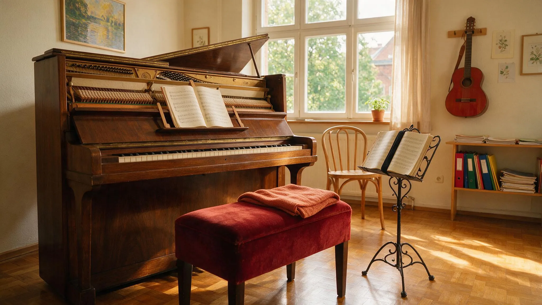 Unterrichtsraum mit geöffnetem Klavier, zwei Stühlen, Notenständer und Gitarre an der Wand