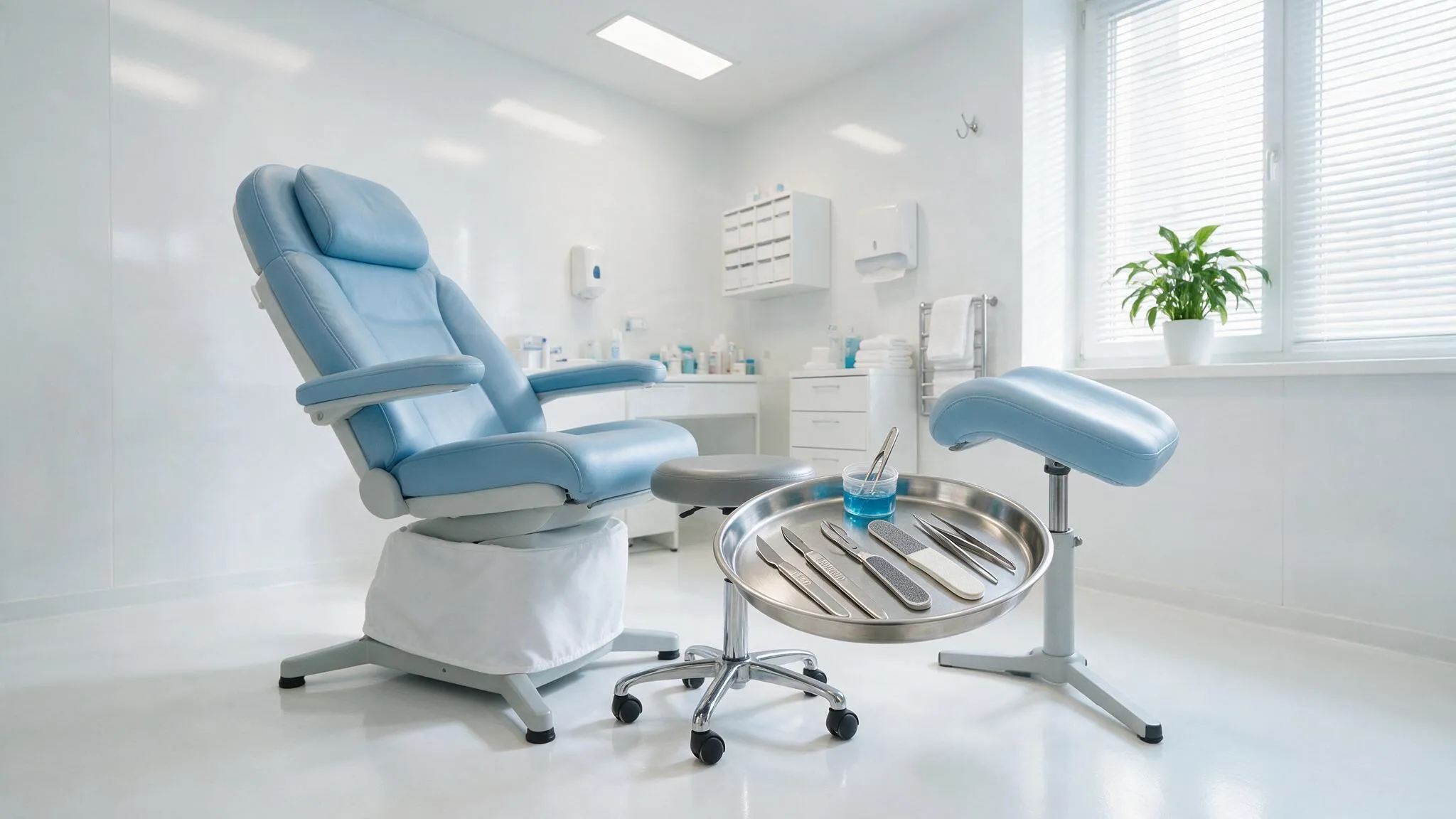 Heller Behandlungsraum mit verstellbarem Fußpflegestuhl, Rollhocker und Instrumententablett