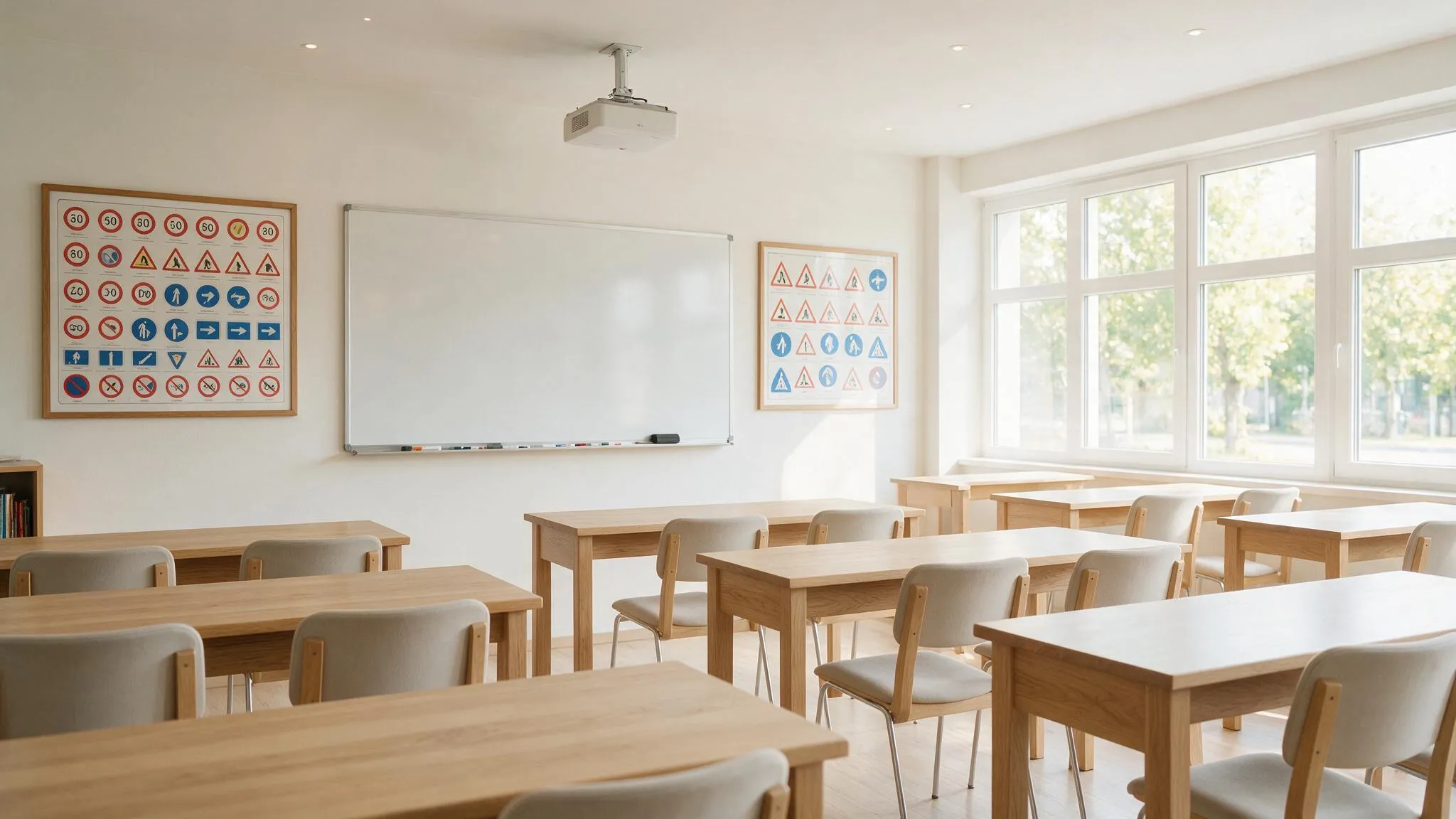 Heller Theorieraum einer Fahrschule mit Tischen, Whiteboard und Verkehrszeichentafel