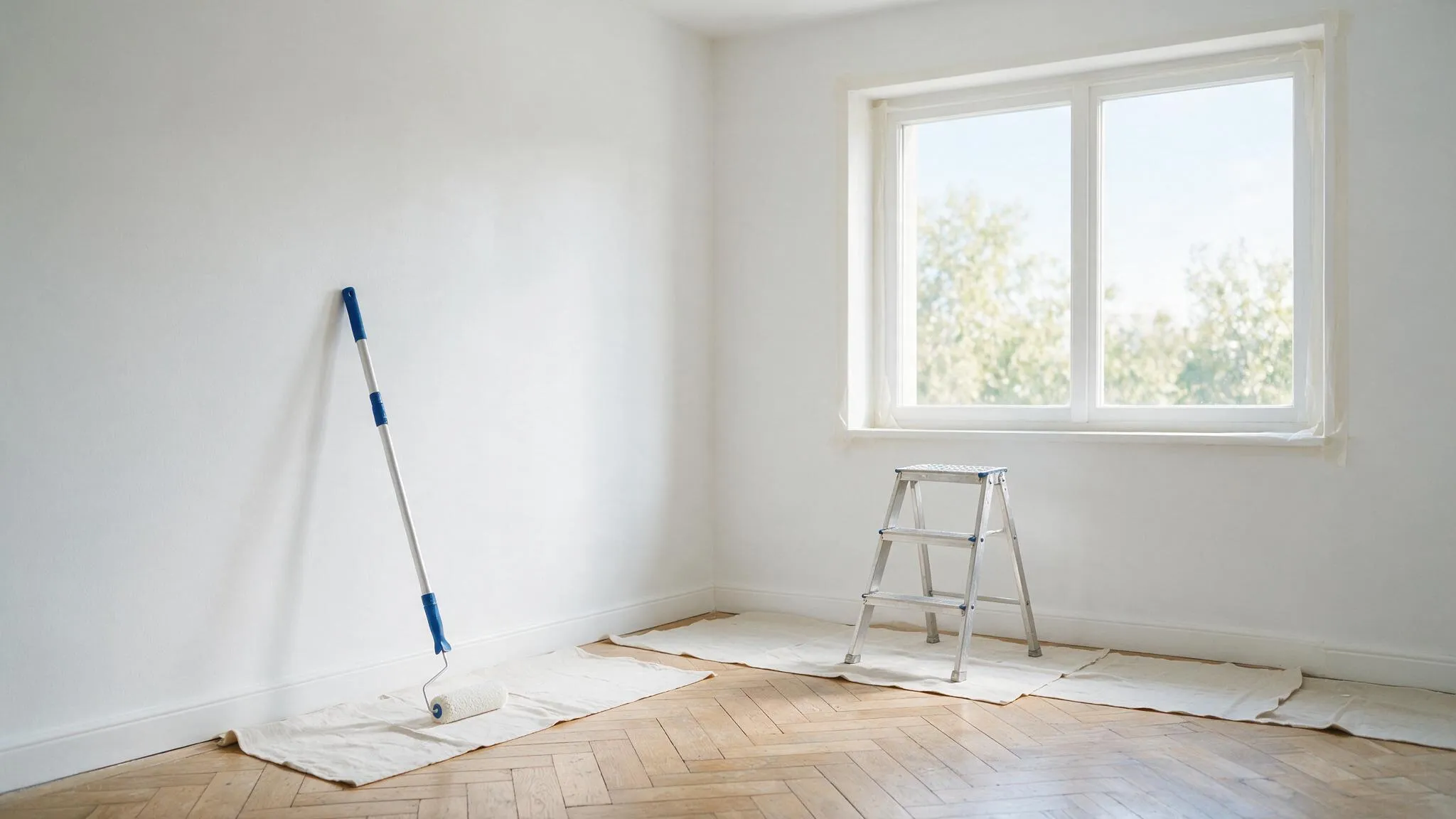 Helle Wohnung mit frisch gestrichenen Wänden, Abdeckvlies auf dem Parkett und Farbrolle