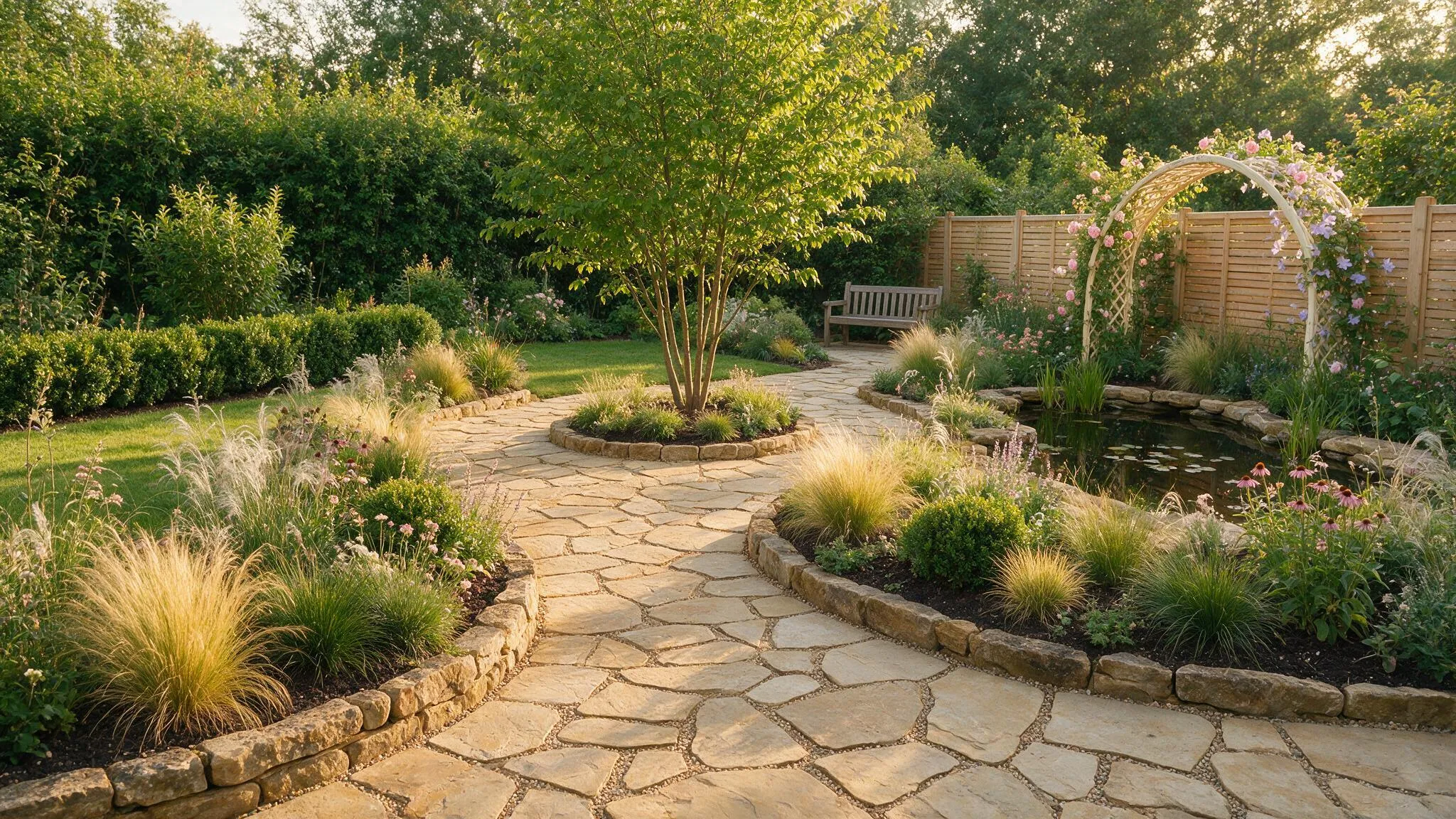 Neu angelegter Garten mit Natursteinpflaster, Hochbeeten und jungem Baum
