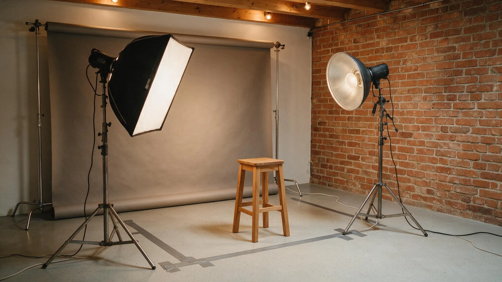 Kleines Fotostudio mit Softbox, Hintergrundrolle in Warmgrau und Holzhocker