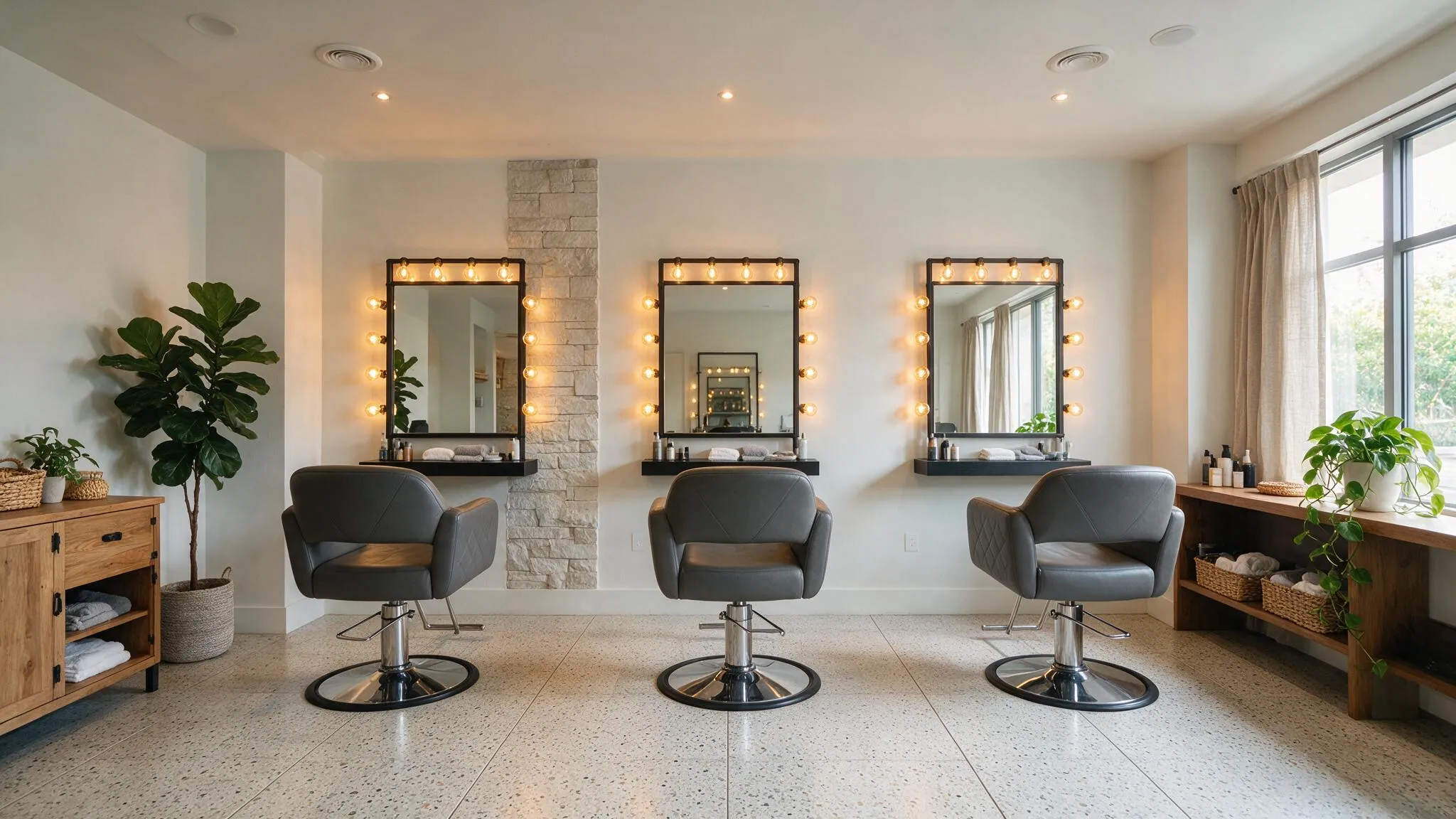 Salon mit drei Stühlen vor beleuchteten Spiegeln und Pflanzen