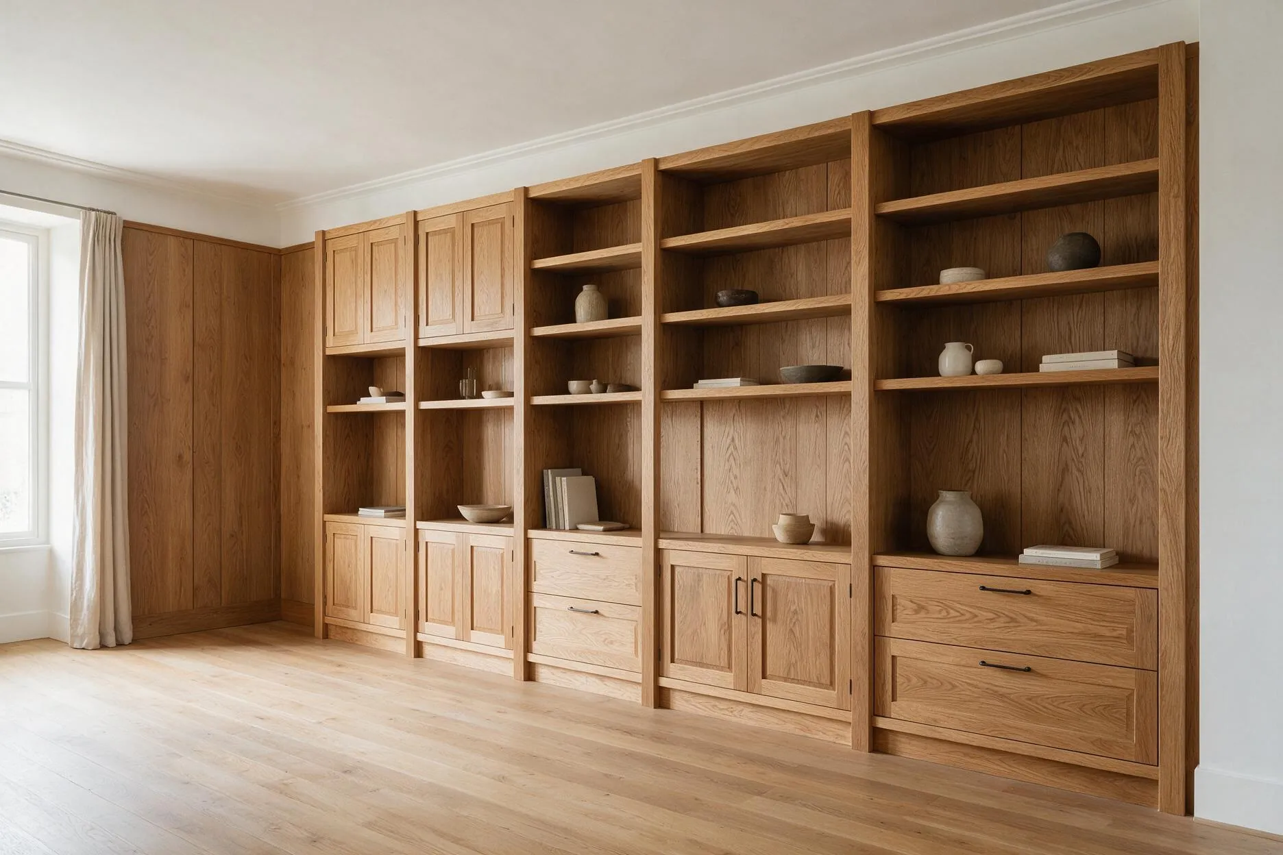 Eingebautes Eichenregal mit Wandverkleidung in einem Wohnraum
