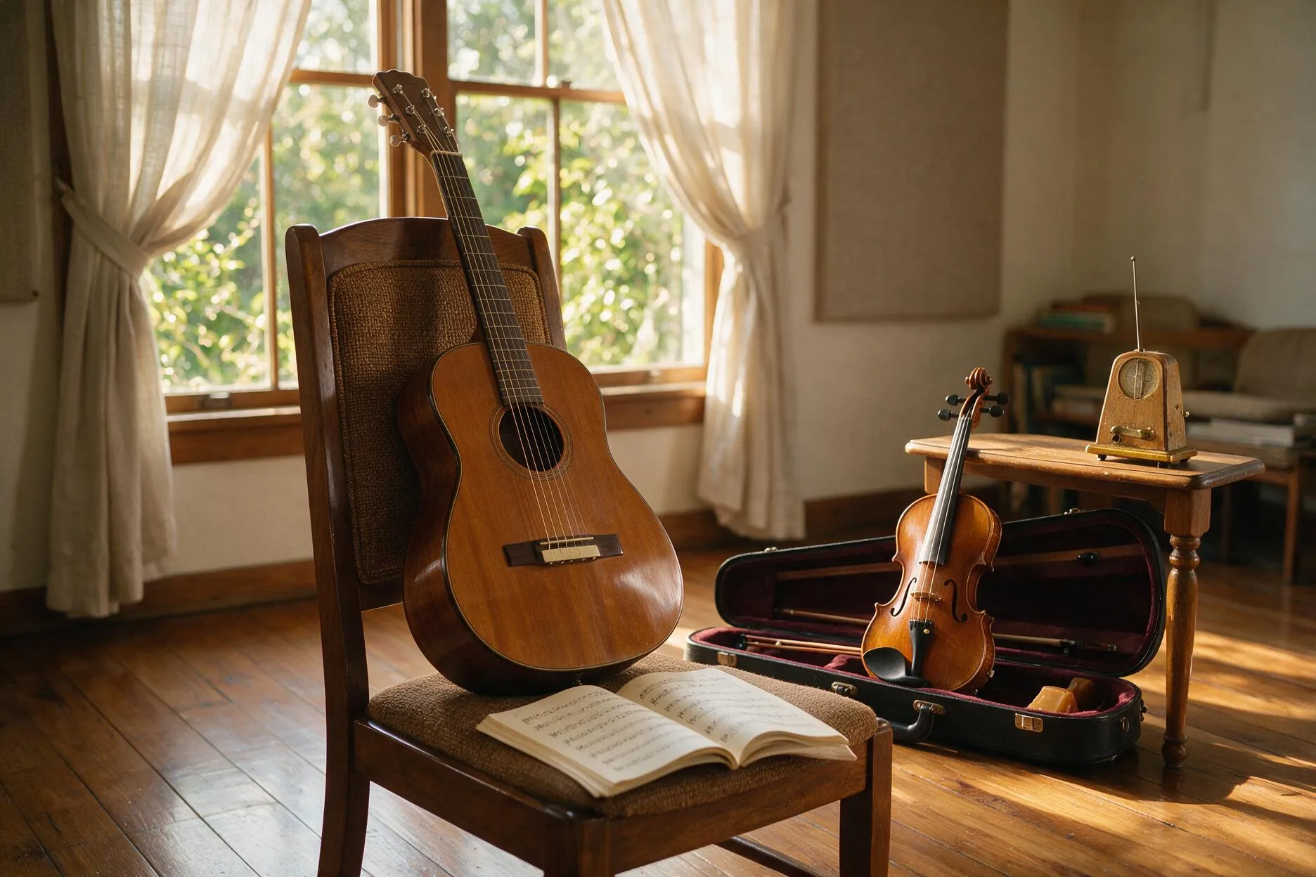 Gitarre am Stuhl, Geige im offenen Kasten und Metronom