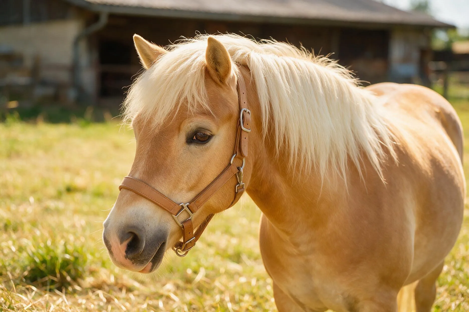 Haflinger mit heller Mähne vor der Scheune