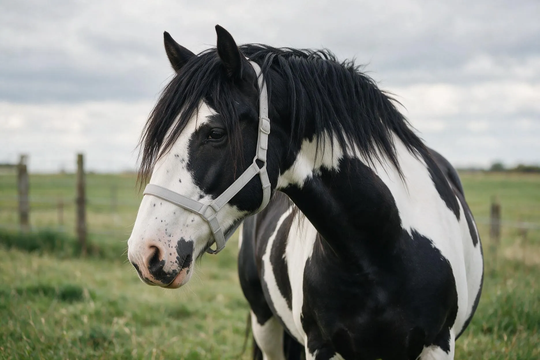 Schwarz-weiß geschecktes Paint Horse auf der Koppel