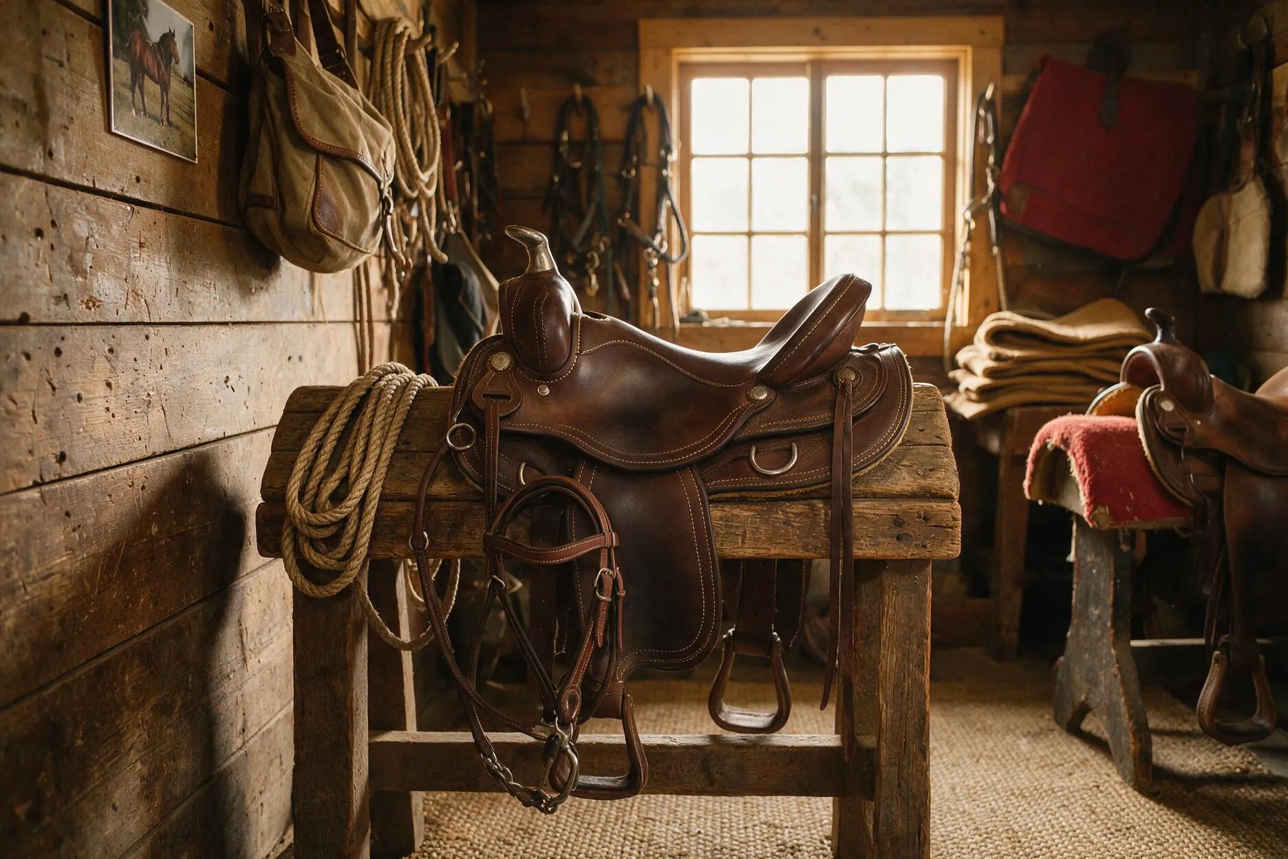 Westernsattel und Zaumzeug auf einem Holzständer