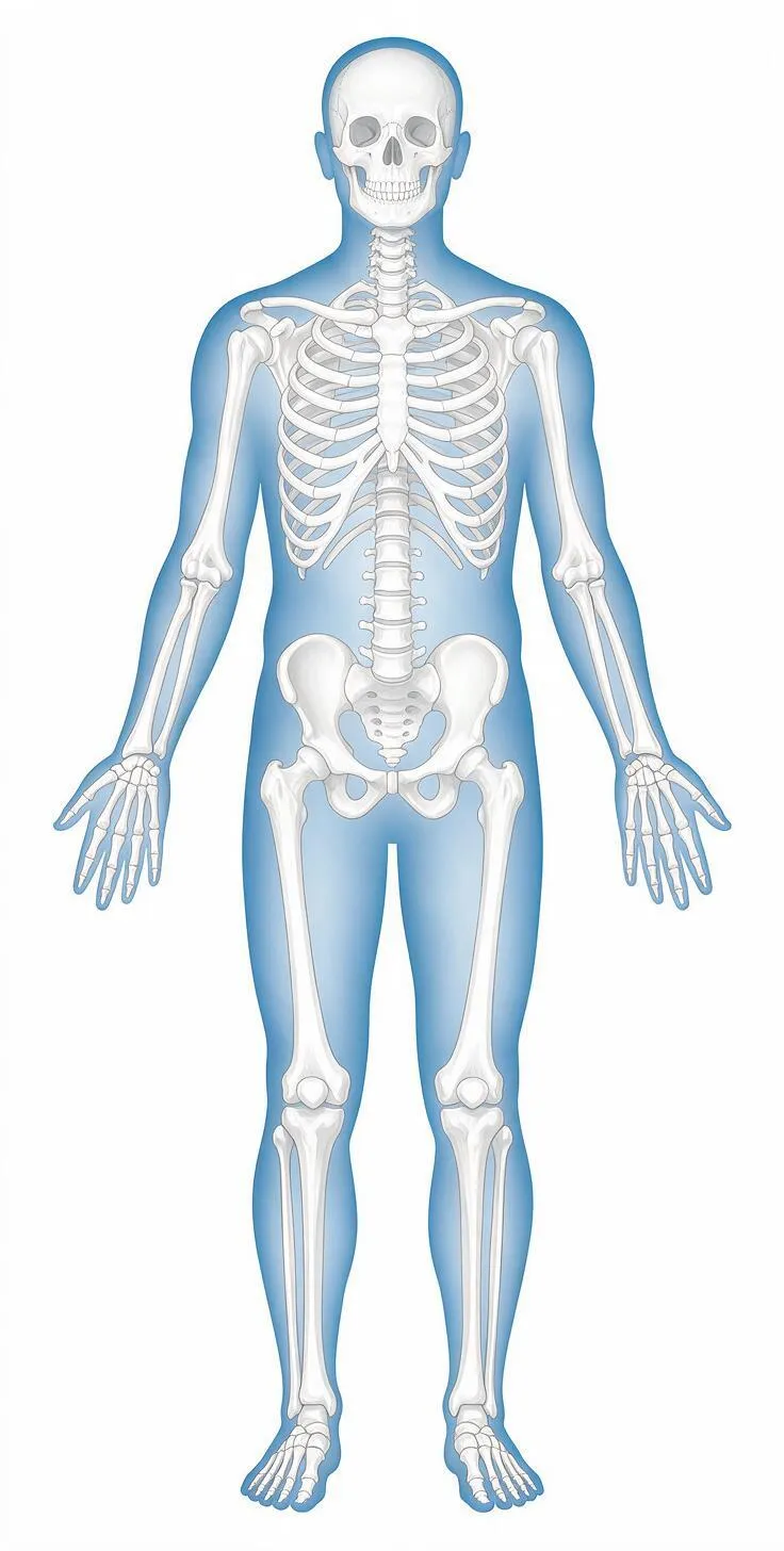 Anatomische Darstellung: menschlicher Körper von vorn, der Umriss halbdurchsichtig blau, das Skelett darin weiß sichtbar