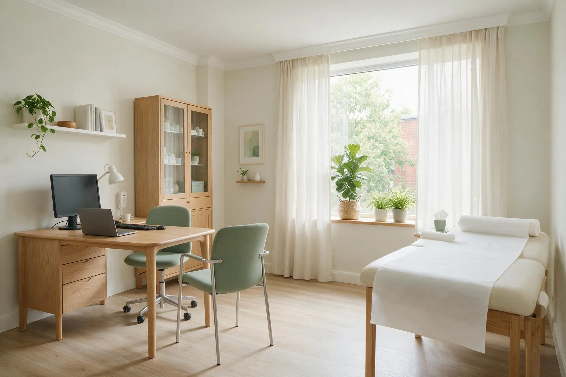 Sprechzimmer mit Schreibtisch, zwei Stühlen und Untersuchungsliege