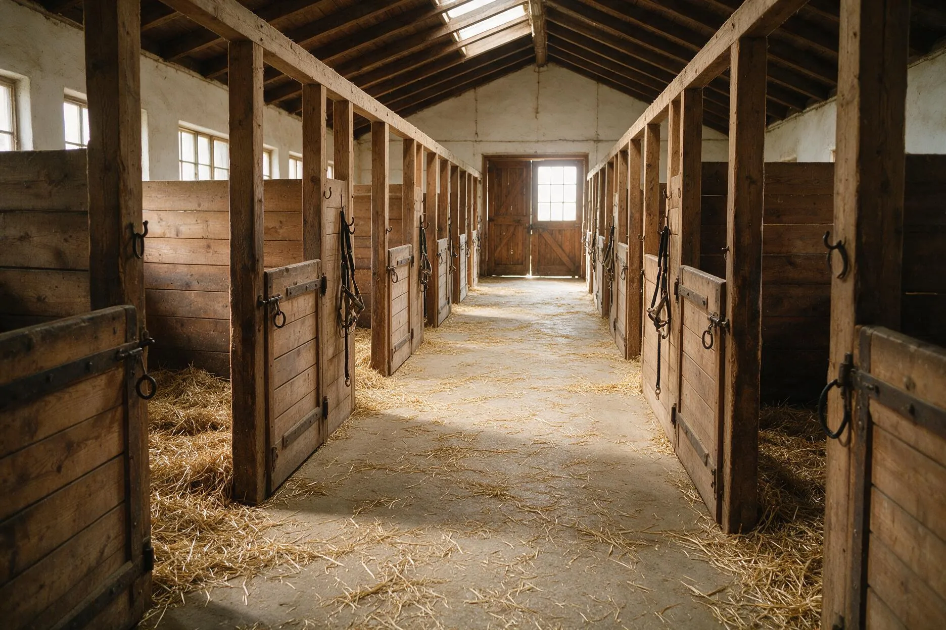 Stallgasse mit offenen Boxen und Stroh