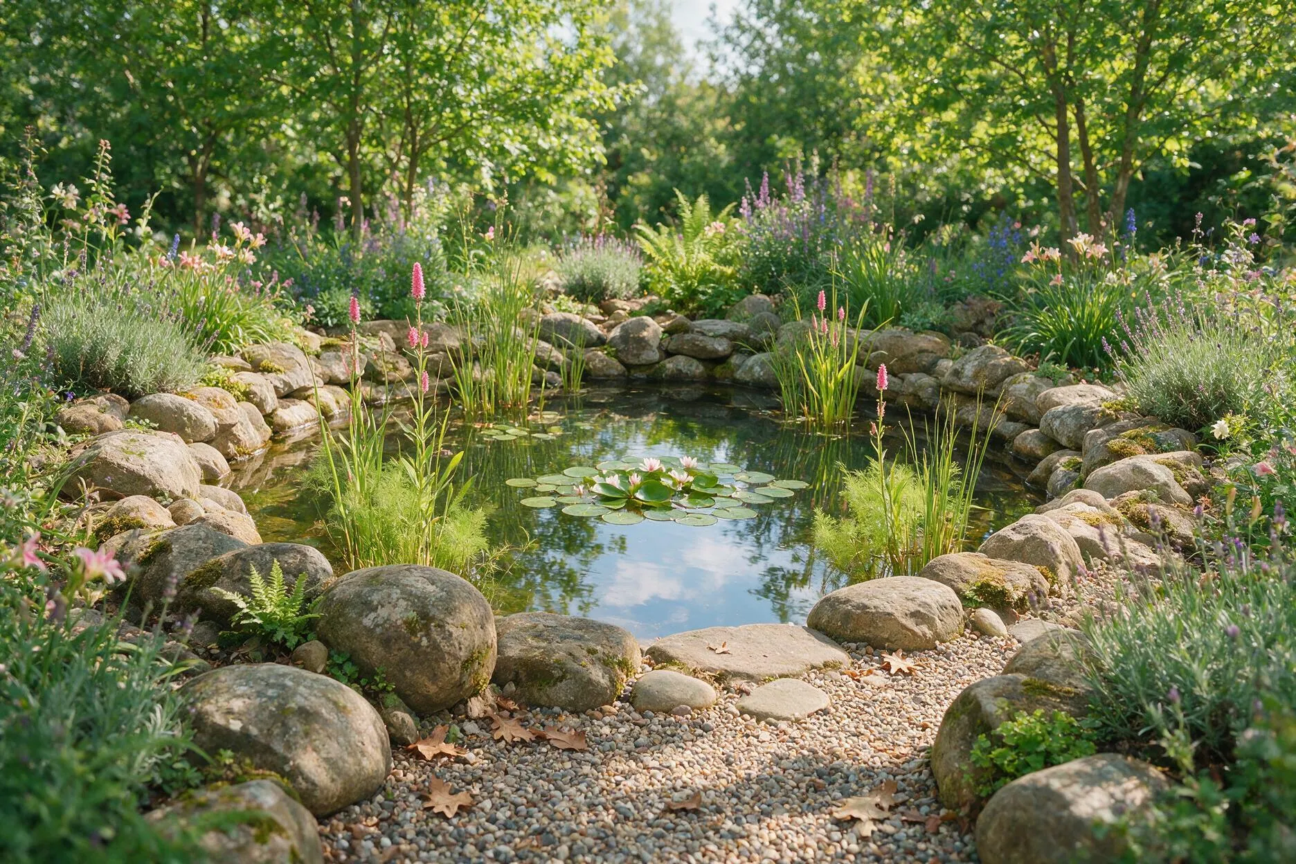 Angelegter Gartenteich mit Natursteinrand, Wasserpflanzen und Kiesweg