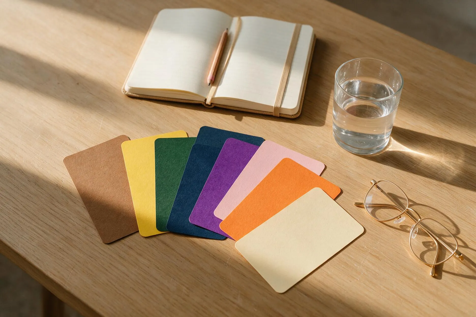 Tisch mit leerem Notizbuch, Bleistift, farbigen Karteikarten und Wasserglas