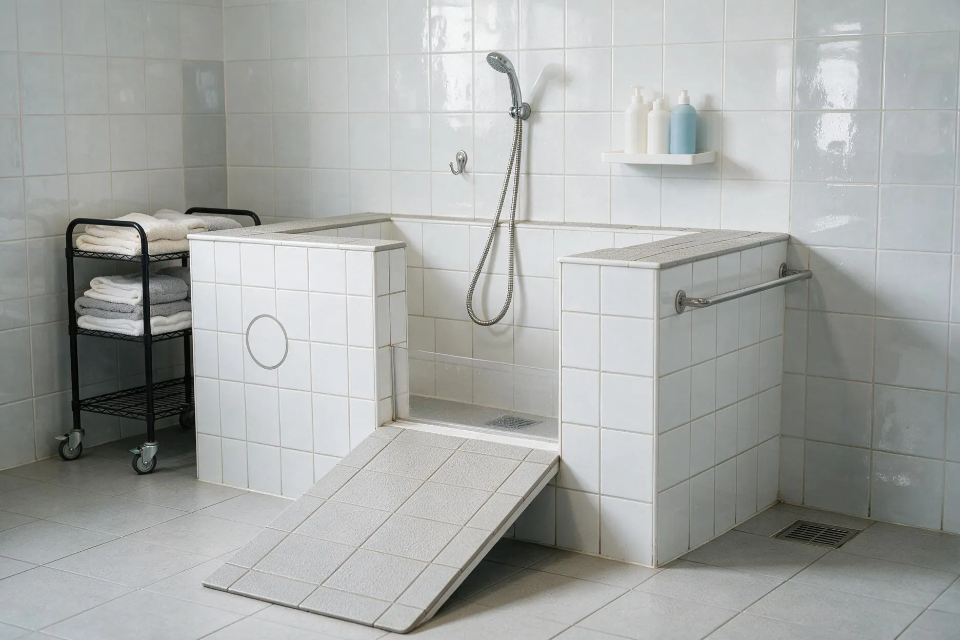 Gefliester Waschplatz mit Rampe, Handbrause und Handtüchern