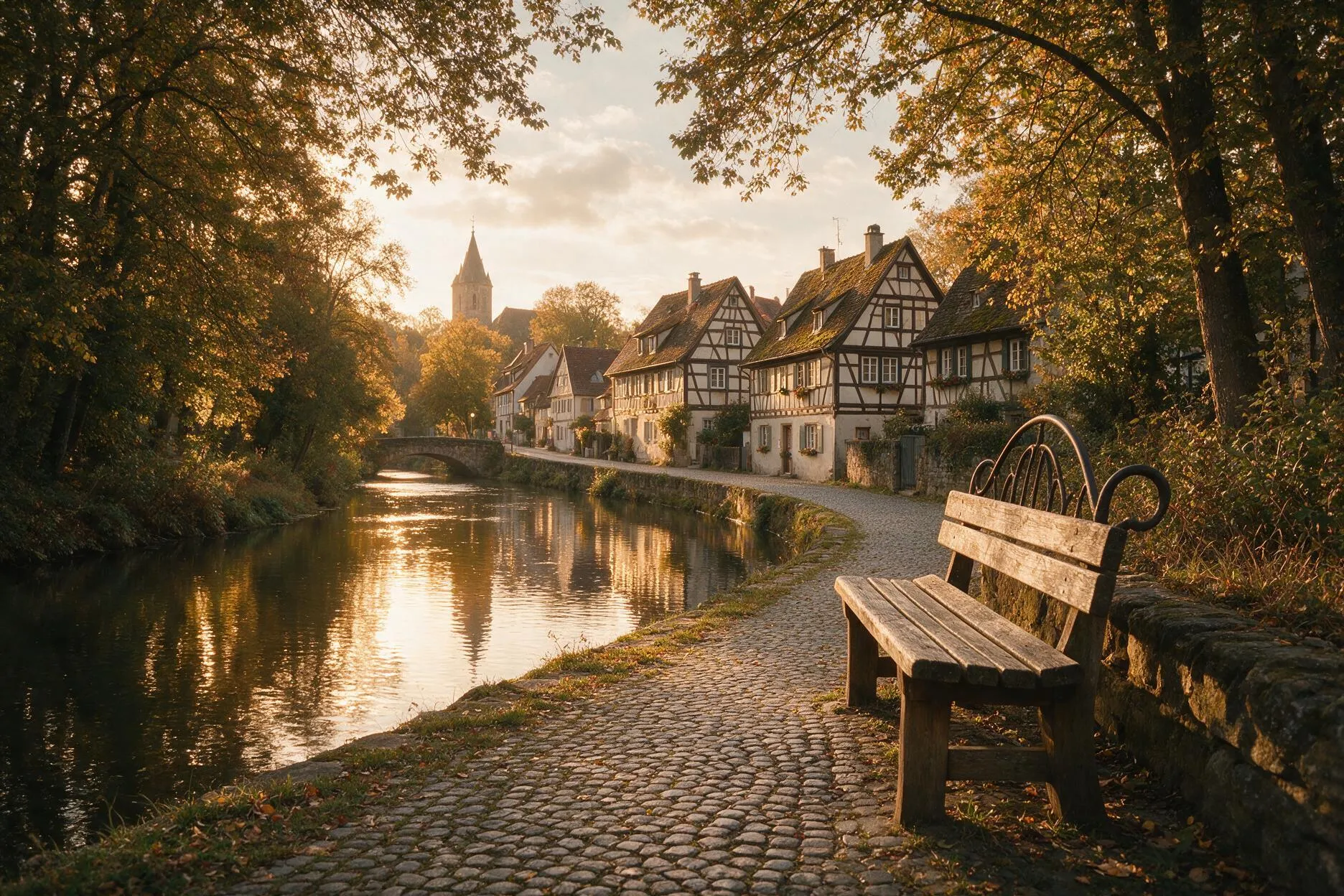 Weg am Fluss im Abendlicht, eine Holzbank mit Blick aufs Wasser