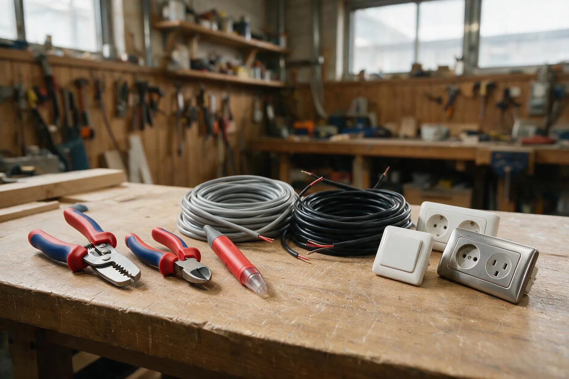Werkbank mit Abisolierzange, Spannungsprüfer und Installationskabel