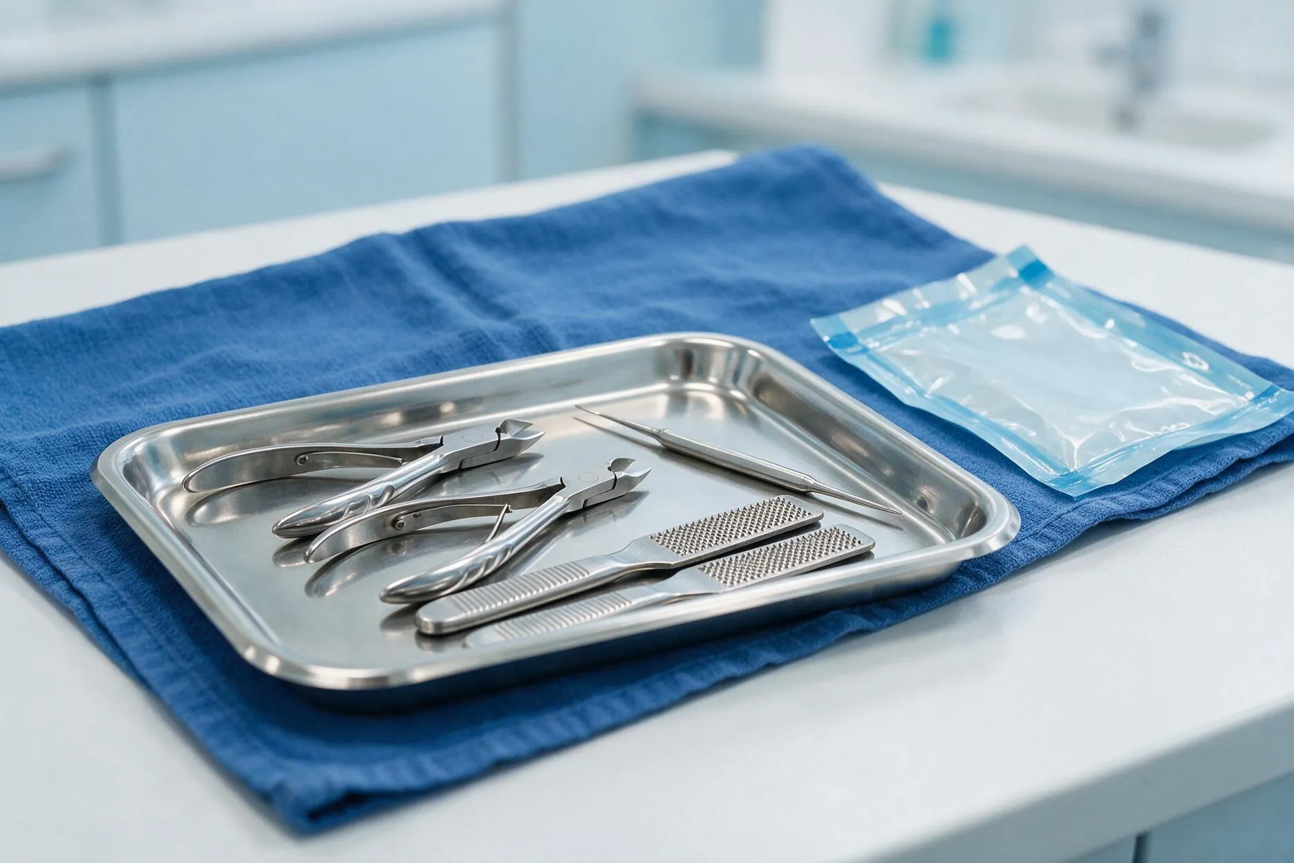 Sterilisierte Instrumente auf blauem Tuch in einer Edelstahlschale neben einem Sterilbeutel